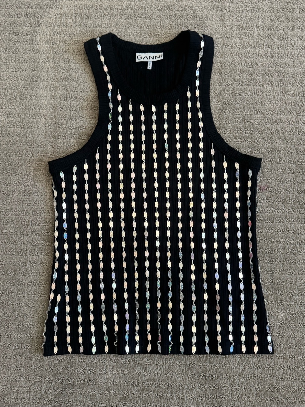 Ganni Black Tank Top with Iridescent Sequin Stripes